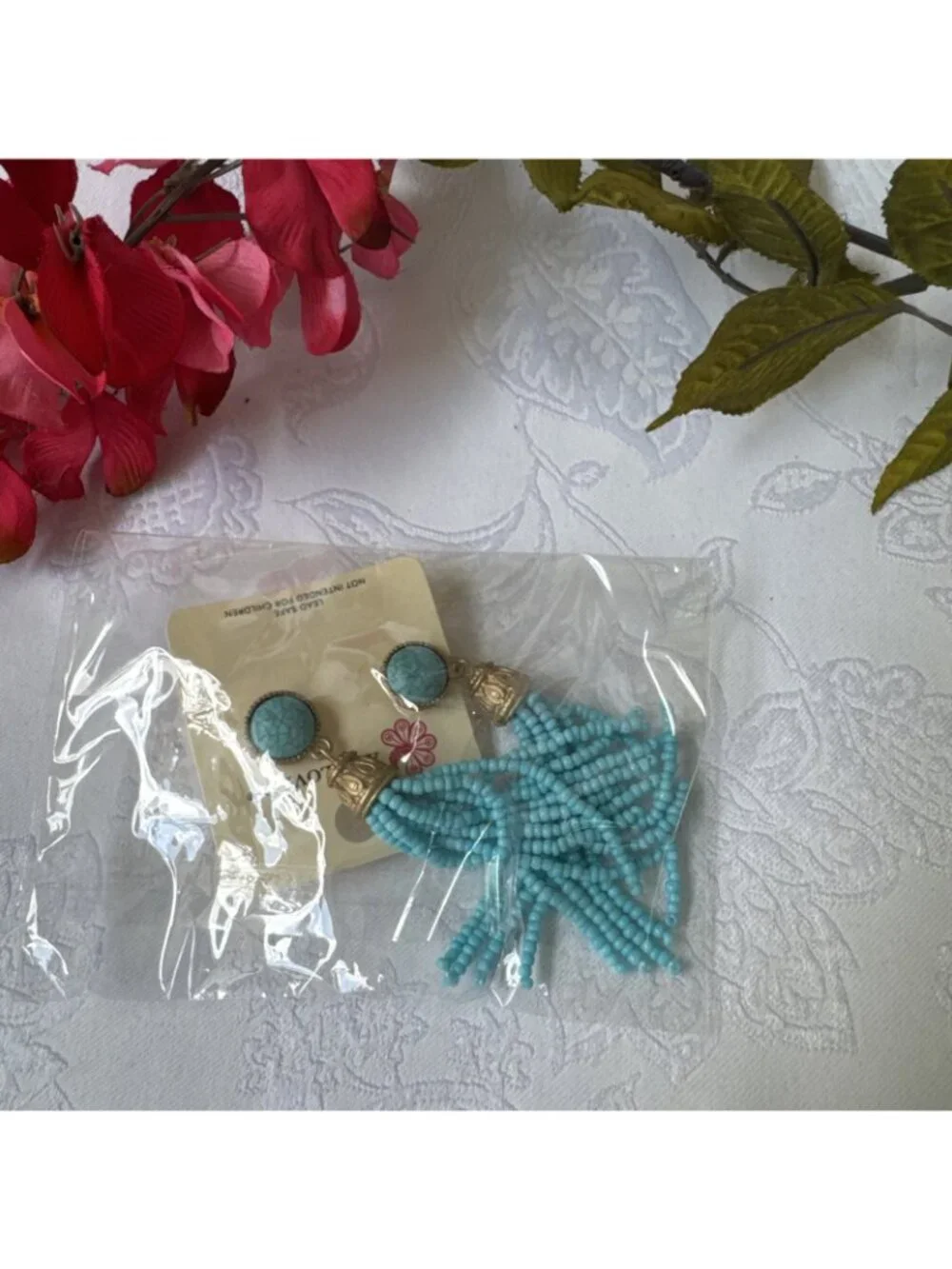 Colombus And Lovely Earrings Turquoise Blue Tassel Seed Bead GoldTone 3.5